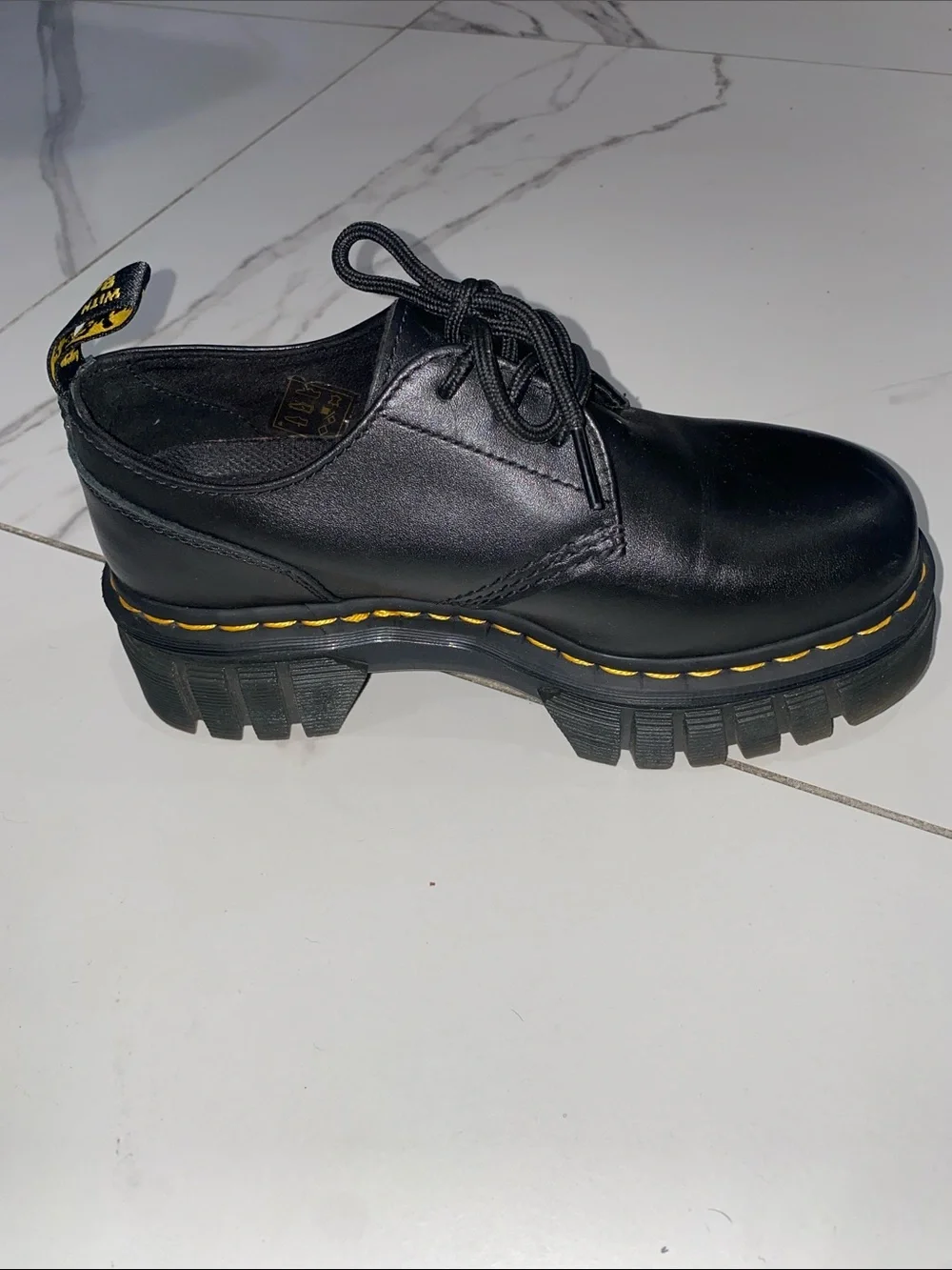 Dr. Martens Black Leather Chunky Platform Lace-Up Shoes with Yellow Stitching
